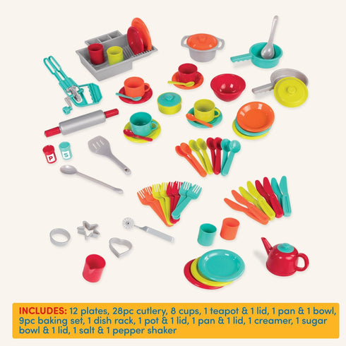 Battat Deluxe Kitchen Playset – 71Pc Pretend Cooking Accessories – 4 Table Settings & Cutlery – Dishwasher Safe