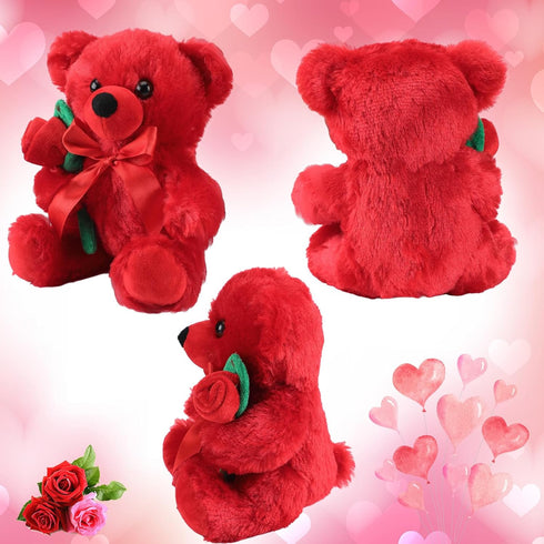 Plush Stuffed Animal Bear with Rose, Cute Plush Christmas Valentine's Day Gift for Kids and Girlfriend (11.8 Inches,