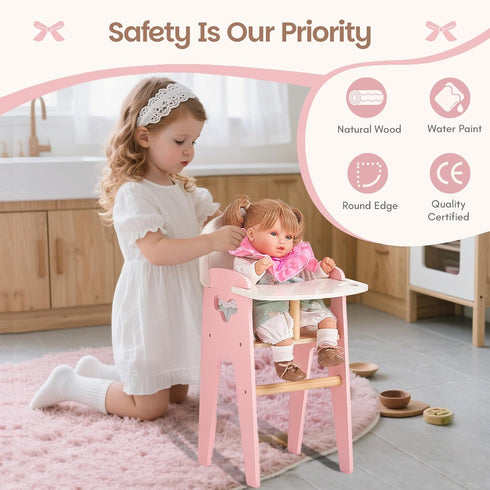 Set, 18 Inch Giant bean Wooden Baby Doll High Chair with Feeding Pretend Play Feeding Seat for Dolls, Includes Bib