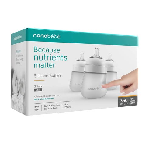 3-Pack, 9oz Nanobebe Flexy Silicone Baby Bottle, Anti-Colic, Natural Feel, Non-Collapsing Nipple, Non-Tip Stable Base