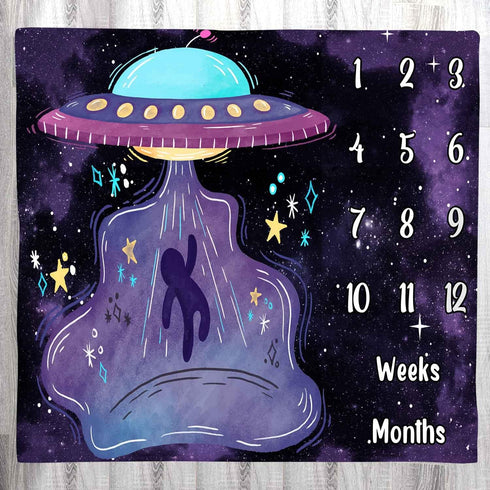 Space Baby Monthly Milestone Blanket, UFO Astronaut Growth Chart Blanket, 48x40 Inch Memory Swaddling Blanket BTLSLY259