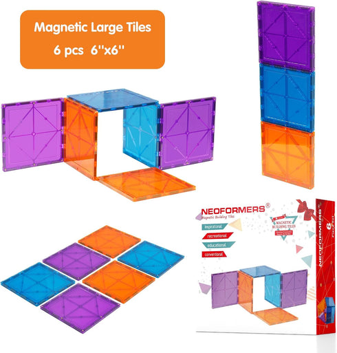 6 Piece Magnetic Tiles Set Large Square Shape Magnet Building Block Construction Toy STEM Learning Kit Educational Playset Playboard (NF-06 SET)