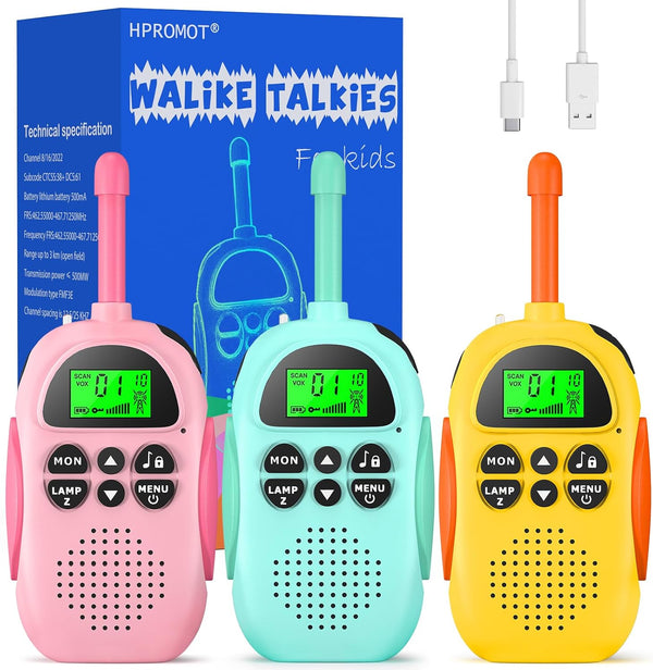 Rechargeable Walkie Talkies for Kids - 3 Pack Long Range 22 Channels 2 Way Radio for Outdoor Adventures