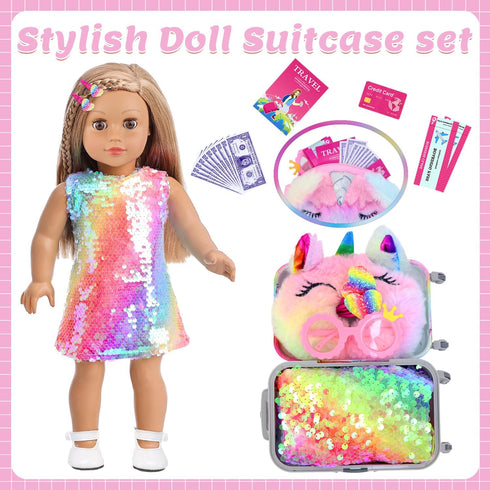 23 18 Inch Set K.T. Fancy Pcs American Doll Clothes & Accessories, Cute Doll Suitcase with Sequined Dress, Sunglasses