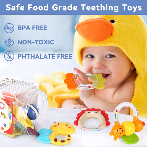 MOONTOY Baby Rattles Teether Set, 9PCS Sensory Toys for 0-12 Month Old Baby Boy Girl, Early Development Gifts
