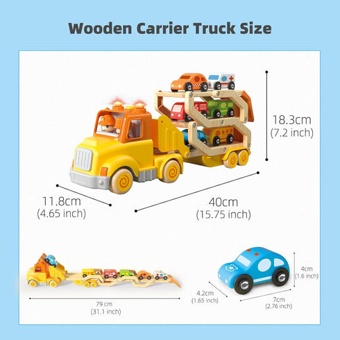 Toddler Toys for 2-5 Years Old, Transport Car Carrier Truck with 6 Wooden Vehicles, 30in Foldable Track Trailer