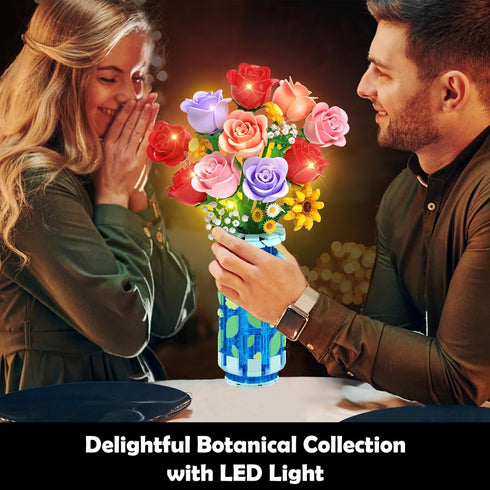 Set 16 CUBIMANA Roses Flowers Building with Vase & LED Light, for Her, Mini Flowers Bouquet Building Blocks Toy