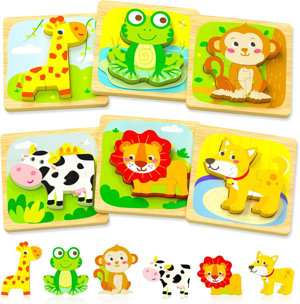 Benresive Wooden Toddler Puzzles, 6pcs Animal Montessori Toys for Boys & Girls 1-3 Year Olds, Educational Gifts