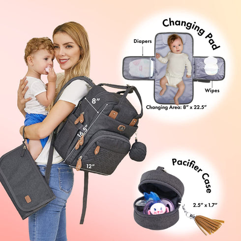 Dikaslon Diaper Bag Backpack - Large Unisex Baby Bags with Portable Changing Pad, Pacifier Case, Stroller Straps