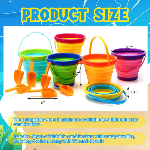 12 Pcs Foldable Pail Bucket with 12 Shovels, 2.5 L Collapsible Sand Buckets for Beach Toys, Colorful