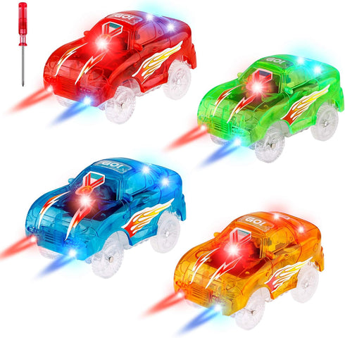 4pcs Tracks Cars Replacement - Light Up Magic Cars for Tracks Compatible with Glow in the Dark Toy Cars