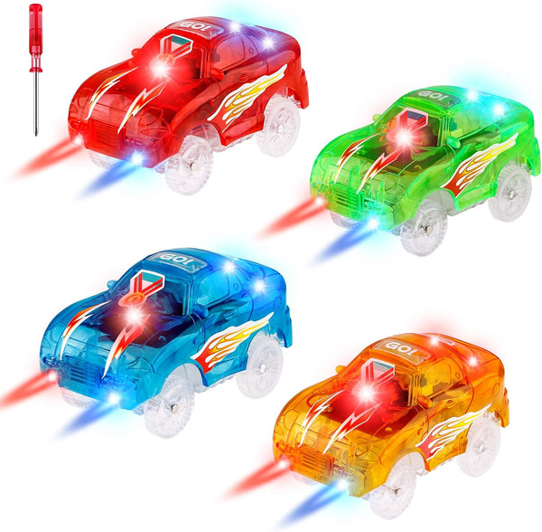 4pcs Tracks Cars Replacement - Light Up Magic Cars for Tracks Compatible with Glow in the Dark Toy Cars