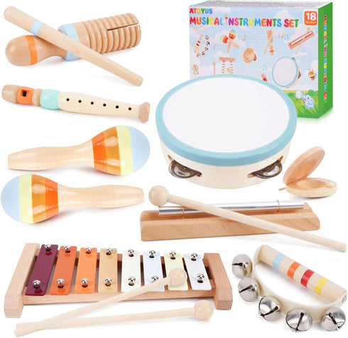 Wooden Toddler Musical Instruments Set, Montessori 18 Month Old Baby Musical Toys,