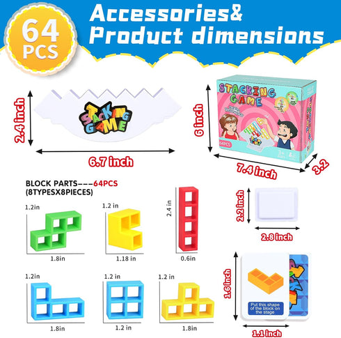64PCS Stack Attack Game - Tetra Board Tower Games for Adults & Kids, 2 Players Balance Stacking Toy