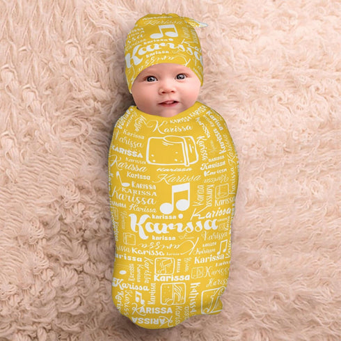 YallLocoMo Personalized Baby Swaddle Blanket for Boys Girls Note Name Text Yellow Custom Name Receiving Blanket