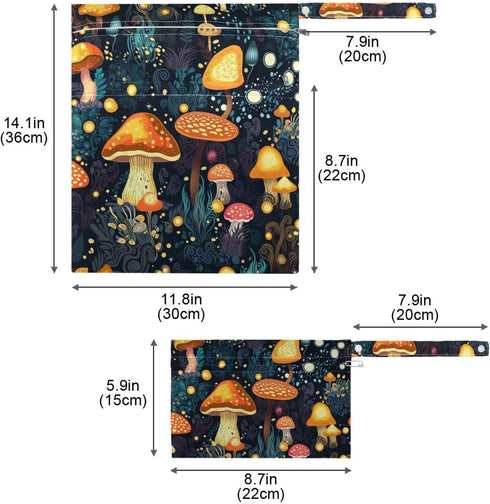 GOODOLD 2 Mushrooms Forest Wet Dry Bag for Baby Cloth Diaper Waterproof Reusable Travel Wet Bag with Two Zippered