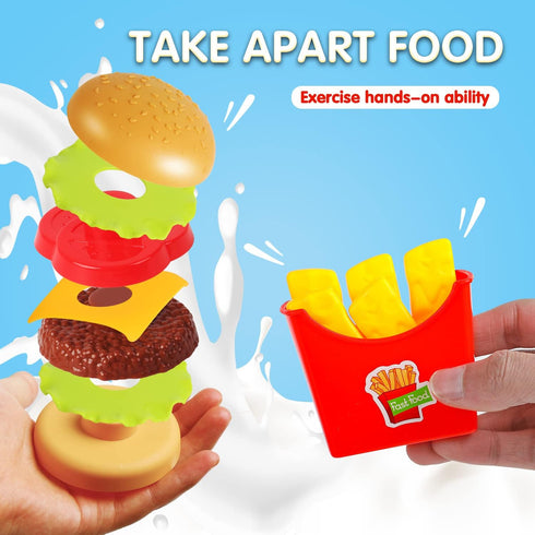 Pretend Play Food Set, Hamburger Fries Pizza Popcorn Toys, Role Play Educational Gift for Kids Boys Girls
