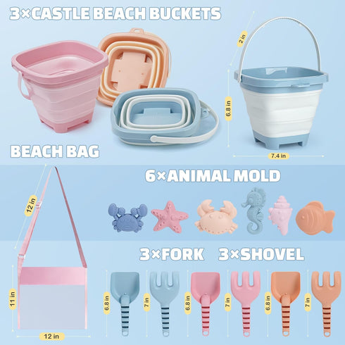 Set 3-10, 3 Pack Set Dreamon Beach Toys for Kids Collapsible Sand Buckets with Beach Molds and Mesh Bag, Shovels Sand