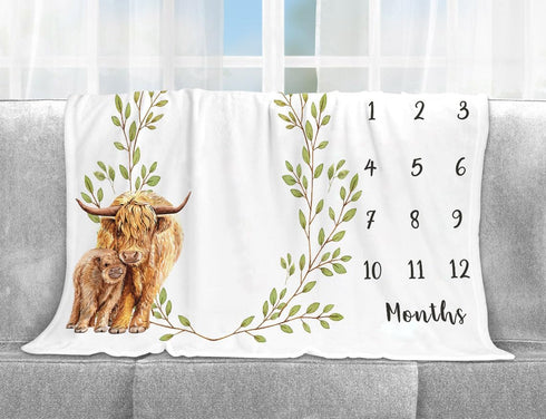 Highland Cow Baby Growth Chart Monthly Blanket, Milestone Blanket for New Moms Baby Shower (50"x40")