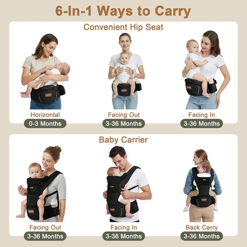 6-in-1 Baby Carrier with Hip Seat, Baby Carrier Newborn to Toddler, Forward-Facing Carry for Active Babies, Adjustable