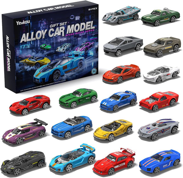 Yewkou Toys Cars 18-Pack, 1:64 Scale Die-Cast Metal Vehicles Set, Includes Pickup, Racing