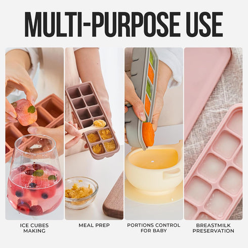 100% 2-Pack 1 oz/6 Silicone Ice Cube Freezer Tray with Lid, Food-Grade Platinum Silicone,Leak Resistance & Dishwasher