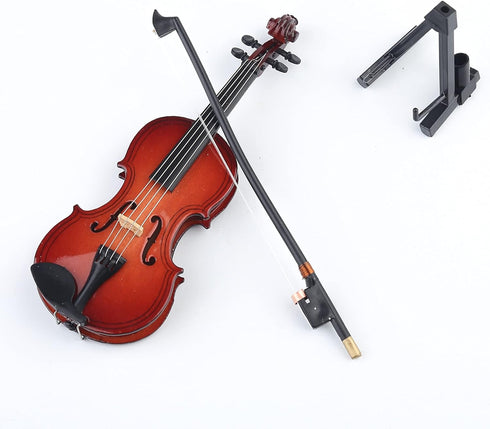 Dselvgvu Wooden Miniature Violin with Stand, Bow & Case - Mini Musical Instrument Dollhouse Model Decoration