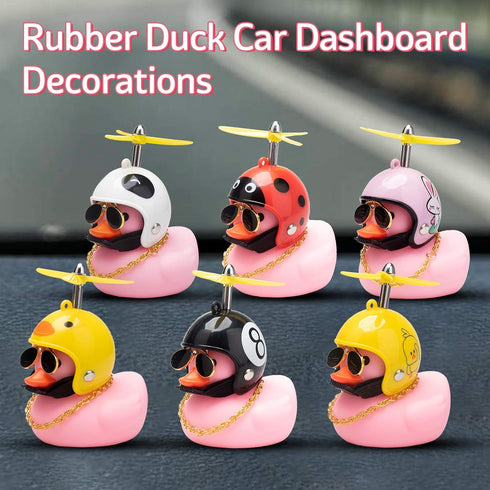 wonuu Pink Duck Car Dashboard Decorations Rubber Duck Car Ornaments with Propeller Helmet Sunglasses Gold Chain