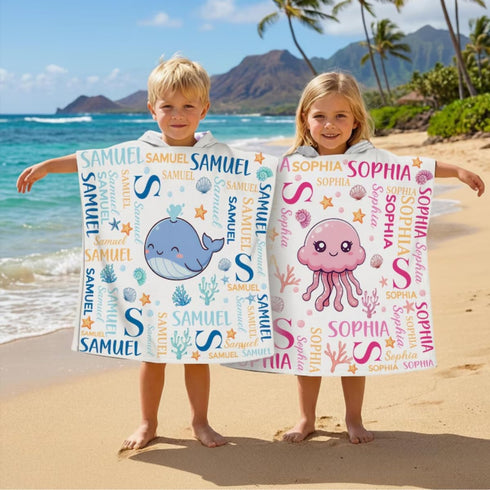 Summer Cute and Beachy Custom Name Personalized Kids Hooded Towel, Toddler Beach Cover Up, Pool Party Gift, Baby