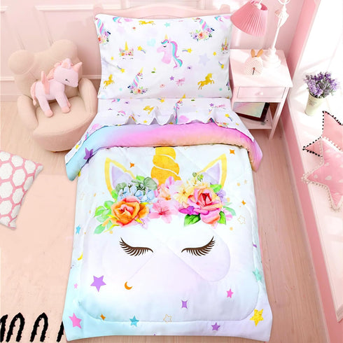 Sets Set 4 Set Toddler Bedding for Girls, Unicorn Toddler Crib Bedding Piece Pink Floral Toddler Comforter Includes