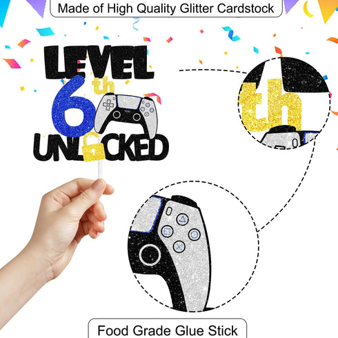 Teen Game Level Up 6th Happy Birthday Cake Topper: Video Game Night Birthday Party for Boys or Girls, Unlock Decorations