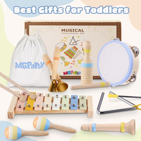 MGparty 13, Baby Musical Instruments, Montessori Wooden Musical Toys for Toddlers Xylophone Tambourine Triangle
