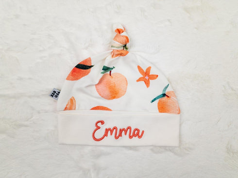 Set Baby Girl Peach Design Swaddle Blanket and Hat with Custom Name Embroidery (Newborn)