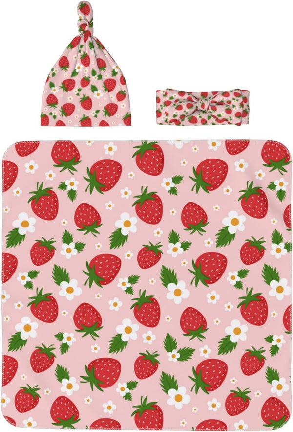 Midaivu Cartoon Strawberry Swaddle Blanket for Newborns Baby Swaddle with Headband and Matching