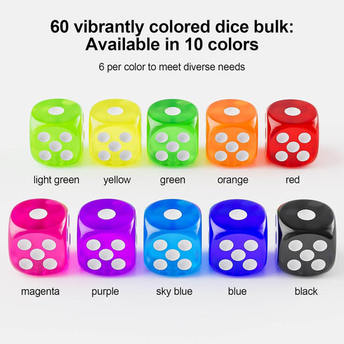 60 Set, 16mm 6 10 6 Rerdeim Pieces Dice Standard Bulk Sided Colored Dices for Board Games, Math Learning, Classroom