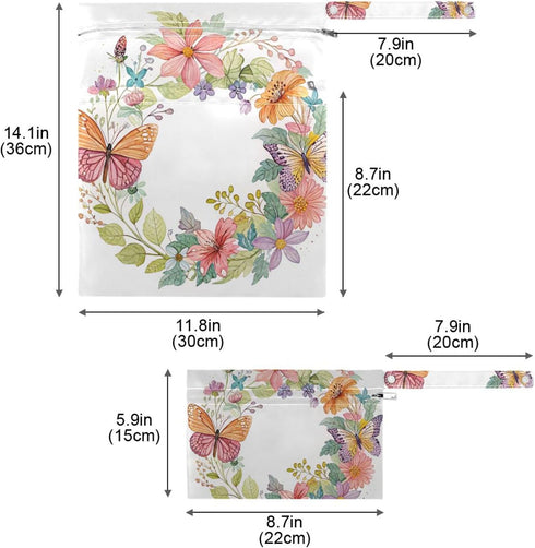 Gravopti Set 2, Flower Butterfly Wet Dry Bags of Reusable Waterproof Organizer with Zipper Pockets for Baby Diapers