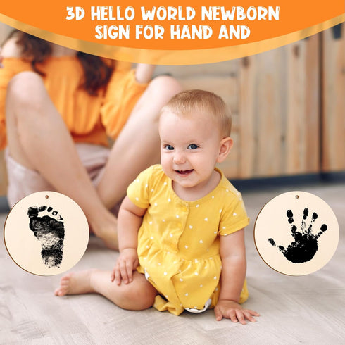 THSLSFX 6 Inch Baby Announcement Sign, Hello World Newborn Sign with Marker Pen and Ink Pad for Baby Shower Hand