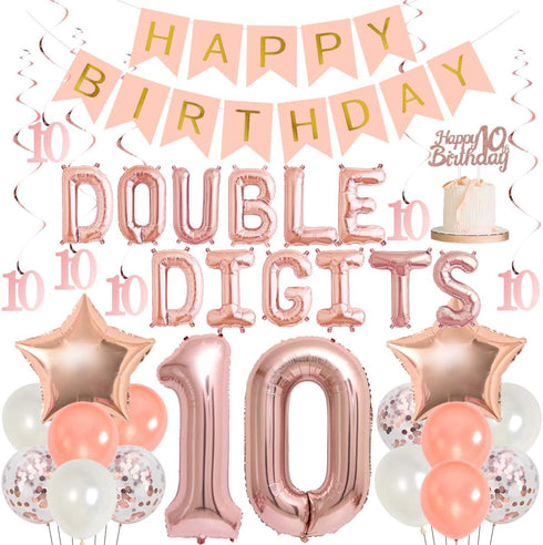 10th Birthday Decoration Girl, Rose Gold Double Digits 10 Birthday Decorations with Balloons and Cake Topper