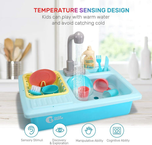 CUTE STONE Color Changing Kitchen Sink Toys, Electric Dishwasher Playing Toy with Running Water, Upgraded Faucet System