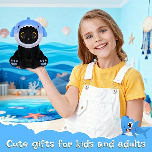 8inches Shark Plush Stuffed Cat, Black Cat Plush with Blue Shark Hood Removable, Cute Plushies Kawaii Cat Stuffed
