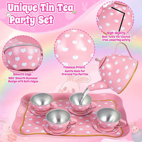 Hohosunlar Set Set 3-8 Tea Party for Little Girls, Princess Tea Time Toy for Toddler, Tin Tea Include Tea Cups Teapot