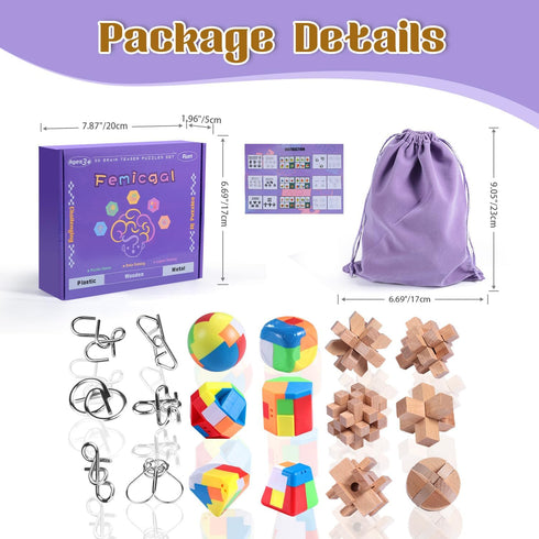 Brain Teaser Puzzles for Adults and Kids - 18Pcs Puzzle Games Set, 3D Wooden Plastic Metal IQ Test Toys