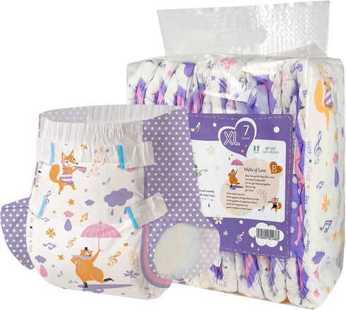 Adult Printed Diapers,X-Large-Fox and Bear, 7 Pieces for Men and Women -