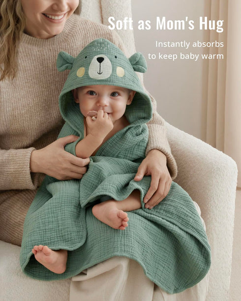 32x32 Blissful Diary Muslin Baby Hooded Towel, Soft and Absorbent Bath Towel for Newborn, Infant, Toddler, Unisex