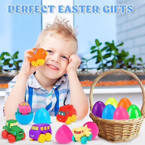 12Pcs Prefilled Easter Eggs with Toy Cars: Filled Easter Eggs with Soft Rubber Car Toys, Easter Basket Stuffers