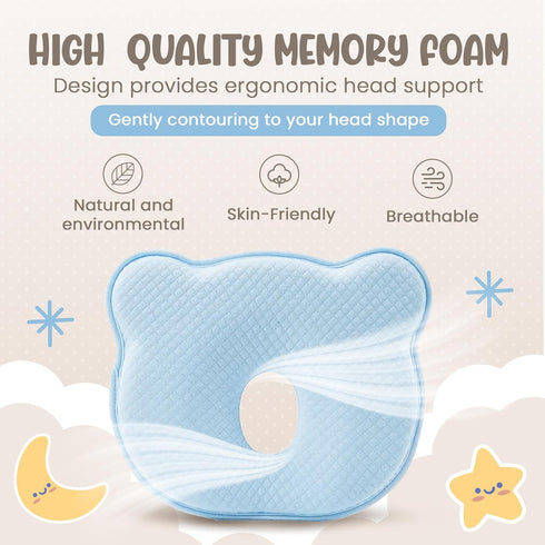 MarBoost Soft and Breathable Baby Pillow with Memory Foam and Bear Design (Blue)