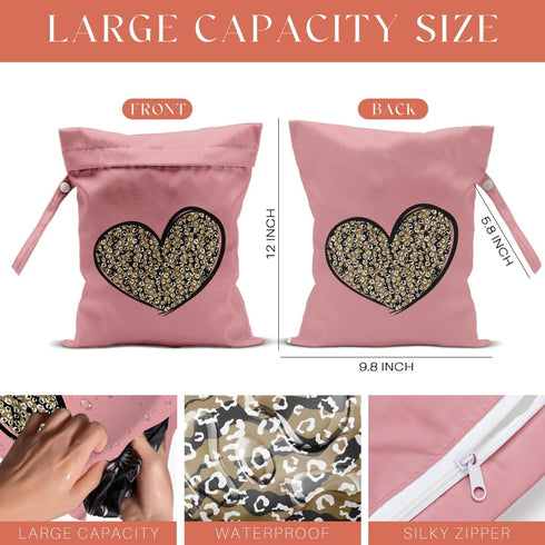 VBCVBGFH 4 Pack Leopard Heart Cute Leopard Wet Bag Waterproof Reusable Wet Dry Bag for Swimsuit Clothes Cloth Diaper