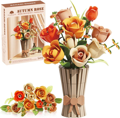 Store Bagari Roses Bouquet Building Set - Artificial Flowers Building Blocks with Vase,