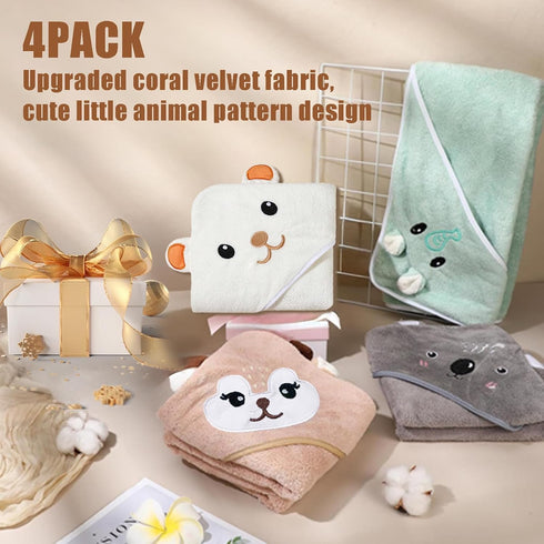 Hushlibaby 4Pack 31.5x31.5 Inch Set Hooded Baby Towels Unisex Hooded Towels Super Soft Absorbent Baby Boys Girls Unique