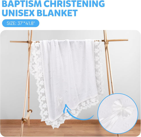Runeaoys Communion Baptism Christening Easter First Gifts for Girls Boys Baby Blanket White Lace Knitted Crochet Towel